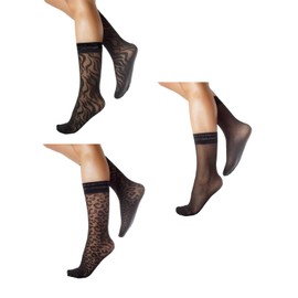 CALZITALY Pack of 3 Pairs Fine Socks, Women's Socks, Lurex Socks, Women's Stockings, Mesh Socks, Net Knee Socks, Black, One Size, Made in Italy, 3 pairs of leopard patterns