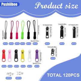 Pushiibee 120Pcs Zipper Pull Replacement Kit, Multicolor Zipper Repair Kit, 50Pcs Universal Zipper Pull with 30Pcs Zipper Extension Pulls 20Pcs Top Stop 20Pcs Bottom Stops for Jacket Backpacks