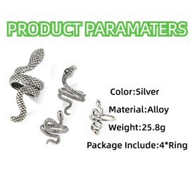 GAUEIOUR Silver 4 PCS Vintage Snake Ring,Alloy Adjustable Open Stacking Punk Anima Knuckle Finger Rings Jewelry Set to Women and Girls