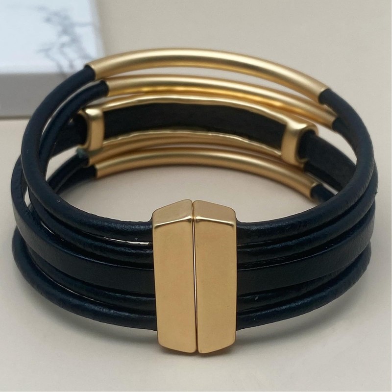 YKKZART Black Leather Btacelets for Women Leather Bangle Chunky Gold