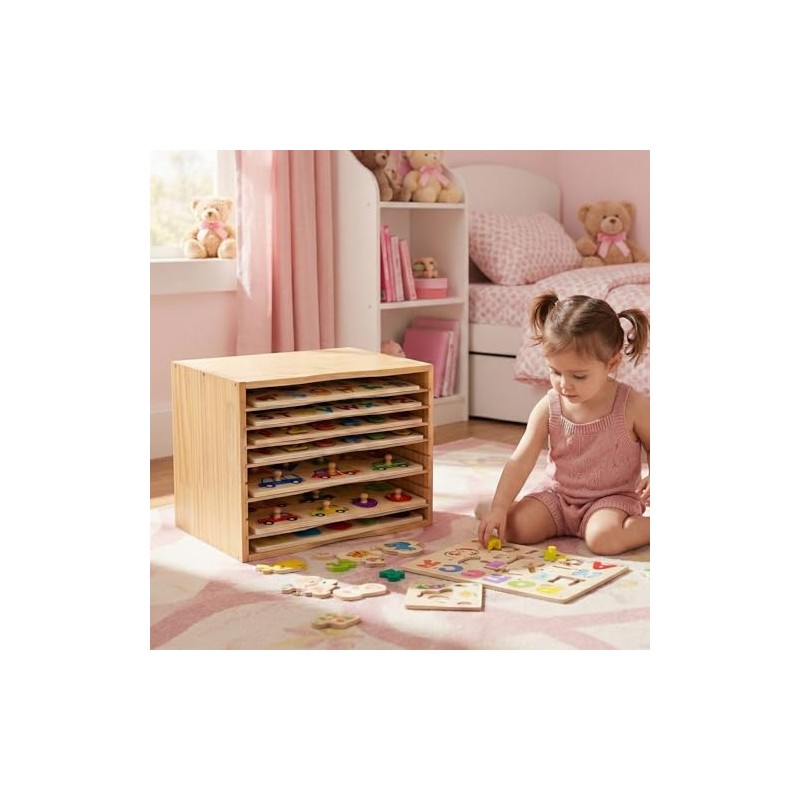 Wooden Puzzle Holder Rack, 7-Tier Puzzle Storage Shelf with Removable