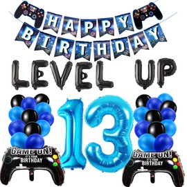 13th Birthday Decorations for Boys, Level Up Video Game Theme Party Decor Favors, Black Blue Latex Balloons Gaming Birthday Banner for Kids Birthday Decorations