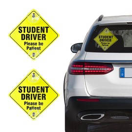 povtii 2PCS Student Driver Sign for Car Window, 5×5 Inch Please Be Patient Student Driver Warning Sticker, Removable New Driver Safety Sign Decal with Suction Cups, Car Accessories (Student Driver, Black)