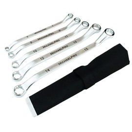 MichaelPro MP001034 5-Piece 45 Degree Anti Shedding, Double Ring Spanner Set, Offset Spanner, Ring Spanners, Swan Neck Ring Spanner Set, Offset Ring Spanner Set, Metric, with Roll Bag
