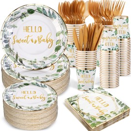 400 Pcs Baby Shower Dinnerware for 50 Guest Baby Shower Paper Plate Napkin Set Hello Sweet Baby Plate Napkins Cup Footprint Disposable Knives Fork Spoon Girl Boy Gender Reveal(Cute, Gold)