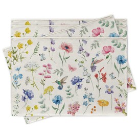 Uruney Spring Summer Wildflower Placemats Set of 4, Watercolor Flowers Hummingbirds Dining Place Mats Table Decor, Seasonal Floral Butterfly Home Kitchen Decoration 12 x 18 Inch