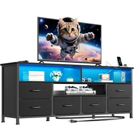 Furologee 55" LED TV Stand for Bedroom with Power Outlets, Entertainment Center with 6 Fabric Drawers for 50/55/60 inch TVs, Dresser TV Stand Long Console Media Table for Living Room, PU Black