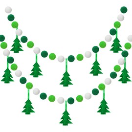 JarThenaAMCS 2 Pack Christmas Tree Felt Banner 3D Xmas Tree Hanging Garland Green White Pom Banner Banner for Home Mantel Wall Window Decor Party Supplies