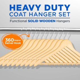SereneLife Wooden Hangers 10 Pack, Non-Slip, Sturdy, Heavy Duty Suit Hanger Set with 360° Chrome Swivel Hook, Space-Saving Wood Hangers Closet Organizer for Clothes, Coat, Pants, Dress (Natural)
