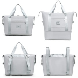 FIORETTO Womens Expandable Gym Tote Bag Duffle Bag with Wet Pocket, Travel Bag Weekend Overnight Bags with Double Shoulder Strap, Water-Resistant Carry On Bag Hospital Holdalls for Women Light Grey