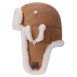Harssidanzar Men Women Aviator Hats Genuine Sheepskin Shearling Leather Winter Warm Trapper Unisex Hats CU603CA, Camel, Size Large