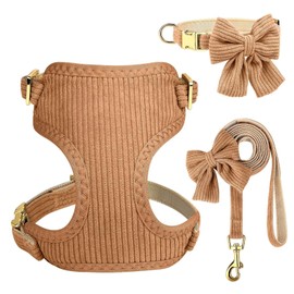 Didog Cute Small Dog Harness Collar & Leash Set, Adjustable Dog Collars and Leashes with Bowtie, Breathable Soft Mesh Padded Dog Vest for Puppies Small Dogs & Cats Walking, Brown, M