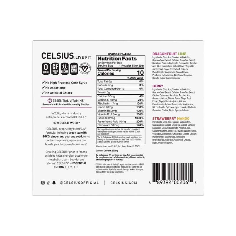 Celsius Essential Energy, Zero Sugar, Assorted Flavors, 30 Energy Powder