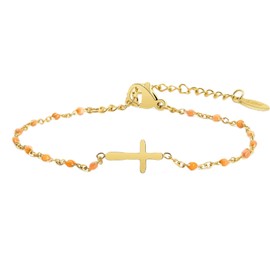 HMOOY Christian Cross Bracelet for Women, New Gold Cross Border Beaded Bracelet Rosary Bracelet Hand Chain Birthday Communion Confirmation Baptism Christians Gifts for Women (Orange-Gold)