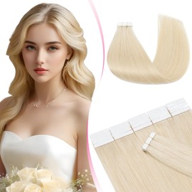 MY-LADY Seamless Invisible Tape Hair Extensions - 20pcs Remy Real Human Hair Straight #60 Platinum Blonde - 14 Inch 40g