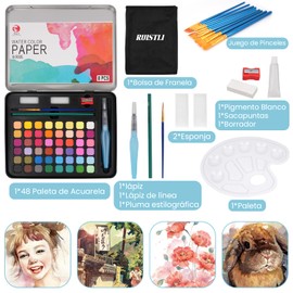 RUISTLI Acuarelas Profesionales,Kit de Acuarelas con 48 Colores Norma,3 Pincels,Set de Acuarela Portatil,Kit de Pintura de Watercolor,Juegos de 10 Pinceles para Pintura Acuarelas para Niños,Adultos