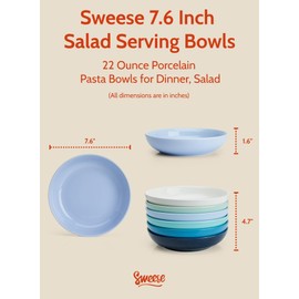 Sweese Pasta Bowls, 22 Ounce Salad Serving Bowls Set of 6, 7.6 Inch Porcelain Plates for Serving Dinner, Salad - Microwave Dishwasher Safe, Cool Assorted Colors