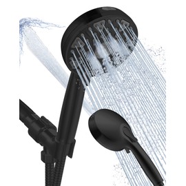 High Pressure Shower head with Handheld 7 Modes, Built-in Power Wash to Clear Tub. Tile & Pets, 5” High Flow Hand Held Hydro Rain Showerhead with Stainless Steel Hose and Adjustable Bracket-Matt Black