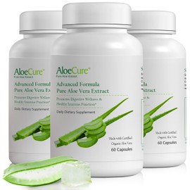 AloeCure AloeCure Organic Aloe Vera Capsules, 130,000mg Inner Aloe Leaf Equivelant per Serving, Support Gut, Digestive, & Immune Health, Helps Maintain Balanced Stomach Acidity, Aloin Free, 60Caps x 3Btl