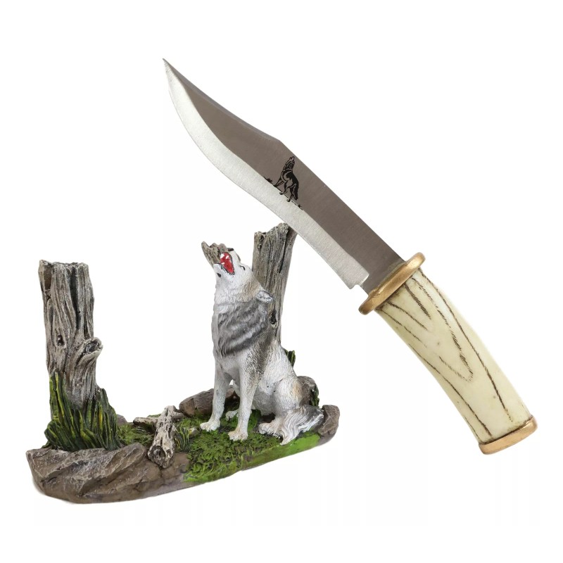 Rustic Forest Howling Gray Wolf Display With Decorative Dagger Knife