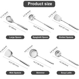 304 Stainless Steel Cooking Utensils Set,6 PCS Metal Cooking Utensils Set,Large Spoon,Spaghetti Spoon,Wok Spatula,Skimmer,Soup Ladle etc(Dishwasher Safe)