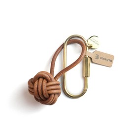 BLKSMTH Leather Monkey Fist Knot Keychain, Brass Carabiner Hook, Brown