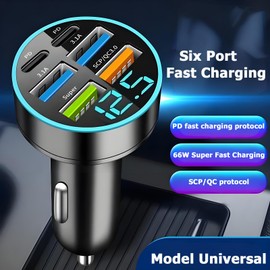 66w Auto Ladegerät, USB Adapter Auto, Zigarettenanzünder USB Mit 6 Anschlüssen, Schnellladung Zigarettenanzünder Adapter, Pd30w+qc3.0+ Usb3.1a Mit LED Voltmeter Für Smartphones Und Tablets