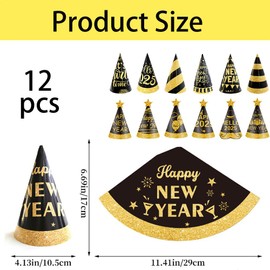 SOPSTUO 12Pcs Happy New Years Eve Party Hats Black and Gold New Party Hats New Years Hats for New Years Eve Decorations 2025 New Year Party Accessories