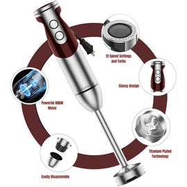 3-in-1 Immersion Hand blender, Powerful MOTOR & Stainless Steel Stick Blender, 4 Sharpe Blades with Whisk, Milk Frother Attachments