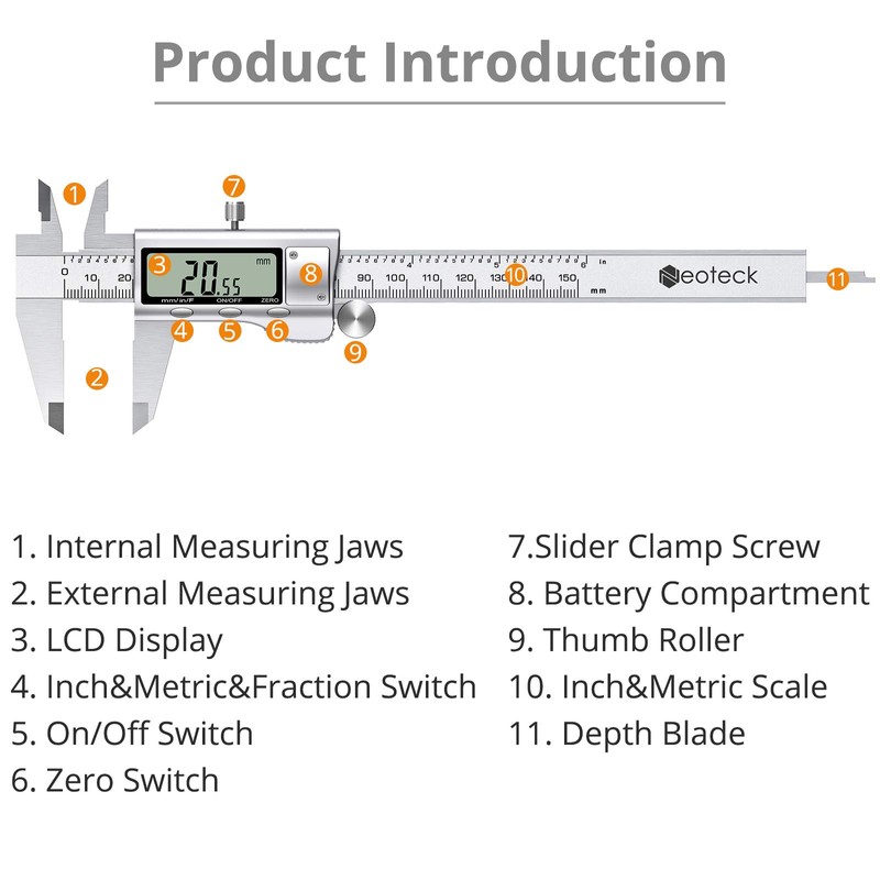 Neoteck Digital Vernier Caliper 6 inch/150mm Stainless Steel Electronic Caliper