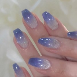 SINHOT Medium Press on Nails Coffin Fake Nails Glossy Glue on Nails Blue Ombre Acrylic Nails Ballerina Artificial Nails Bling Cat Eye Stick on False Nails with Design 24 pcs