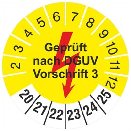 50 test labels, 18 mm, tested according to DGUV regulation 3, yellow with flash 2020-2025 test badge