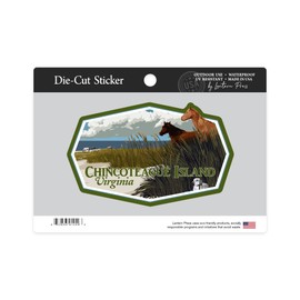 Die Cut Sticker Chincoteague Island, Virginia, Horses and Dunes (Horizontal), Contour Vinyl Sticker 3 to 6 inches, (Waterproof Decal for Cars, Water Bottles, Laptops, Coolers), Large