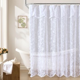 HLC.ME Harper Lace Shower Curtain for Bathroom with Floral Vine Design and Attached Valance – Elegant Victorian Classic Style (White, 72 x 84 Inch)