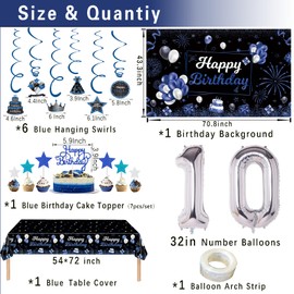 Miidenks 10th Birthday Decorations Set for Boy, Navy Blue Silver Black Happy 10 Birthday Party Decorations with Birthday Backdrop Banner Birthday Tablecloth 10 Number Balloons for Him