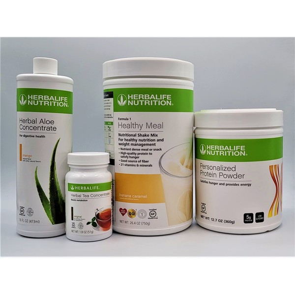 HERBALIFE Four Combo Formula 1 (Banana Caramel 750g) Healthy Nutritional Shake Mix-Herbal Aloe Concentrate Pint 473ml-PERSONALIZED Protein Powder 360g and Herbal Tea Concentrate 51g
