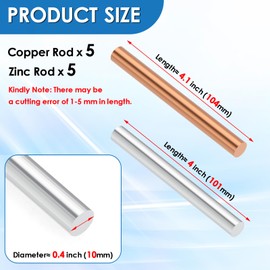 OGANAZI 10PCS Pure Copper Zinc Rod, 99.99% High Purity Solid Copper Zinc Bar, Metal Round Rod with 100 mm Length and 10 mm Diameter for Electroplating, Metal DIY Craft Project (5 Copper, 5 Zinc)