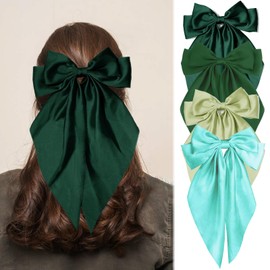 4PCS Green Hair Bows for Women Girls, Oversized Large Coquette Bow Aesthetic Hair, Silky Satin Long Tail Bowknot Hair Ribbons Big Bow Clip Accessories Trendy Stuff
