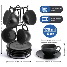 MIAMIO - Set of 6, Ceramic Stackable Cappuccino Cups Set / 6 Ounce Cappuccino Mugs and Saucer with Metal Stand for Coffee Drinks, Cafe, Latte, Americano and Tea - Le Papillon Collection (Black)