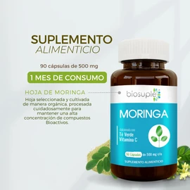 BIOSUPLE | Moringa con Té Verde y Vitamina C. – Suplemento Alimenticio, Frasco con 90 cápsulas de 500 mg c/u.
