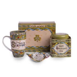 Claddagh Irish Tea Set with a 14OZ Tea Cup, Teabag Holder and a reusable tea tin filled with 50 Irish Breakfast Tea Bags in a matching Gift Box from the Irish Weave Collection