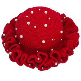 Hshsclth Women Starry Pearl Crochet Hat Handmade Beaded Trim Knitted Bucket Hats Solid Color Fashion Ruffled Brim Bucket Hat (US, Alpha, One Size, Red)