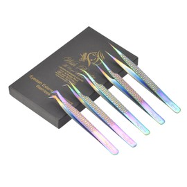 Wishbeauty Eyelash Extension Tweezers Set 5 PCS for Volume Lash Extensions Stainless Steel Eyelash Tweezers for Extensions- (Rainbow)