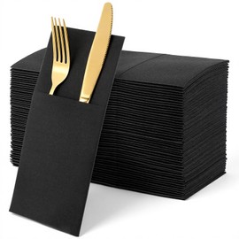 100 Pcs Black Linen-Feel Paper Napkins, Black Napkins Disposable with Built-in Flatware Pocket, Prefolded for Knives and Forks, Blacks Dinner Napkin for Evening Parties, Weddings, Birthday