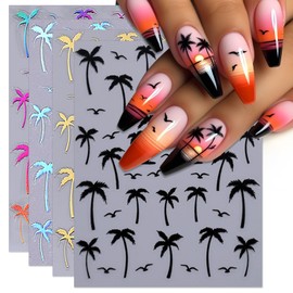 IDDFEVE Summer Palm Tree Nail Art Stickers - Colorful Coconut Tree Seagull Self-Adhesive Nail Decals for DIY Glitter Gradient Manicure (4 Sheets)