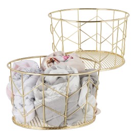 Relaxdays 3 x Round Wire Basket Vintage Design Storage Clothes Accessories Decorative Basket Metal H12.5xD22cm Gold
