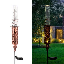 VEWOGIFT Rain Gauge Outdoor, Solar Rain Gauges for Yard, Freeze Proof Rain Gauge with 7" Plastic Tube, Copper Metal Decorative Garden Stake with Led Light