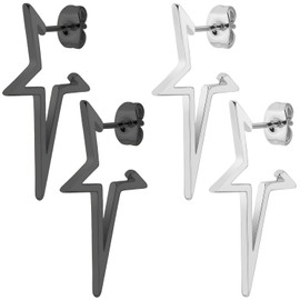 Kawailay 2 Pairs Spike Star Earrings Stainless Steel Spike Star Stud Earrings Rock Punk Star Cuff Earrings Open Star Huggie Earrings for Men Women - Silver Black
