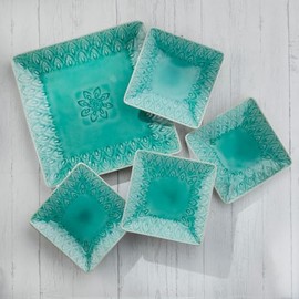 Peacock 5-Piece Square Appetizer Plate Set in Lagoon