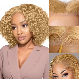 FABA Glueless Wigs Human Hair Pre Plucked Pre Cut Bob Blonde Curly Wig 9x6 Wear And Go Honey Blonde Deep Wave Closure Wig 180% Density Short Curly 10 Inch